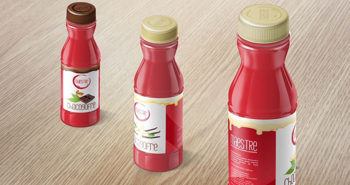 Packaging y etiquetas de toppings y salsas Chocogofre 